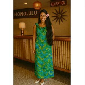 Vintage Casual Aire Long Dress Sleeveless Hawaiian Floral Retro 60s Style M L